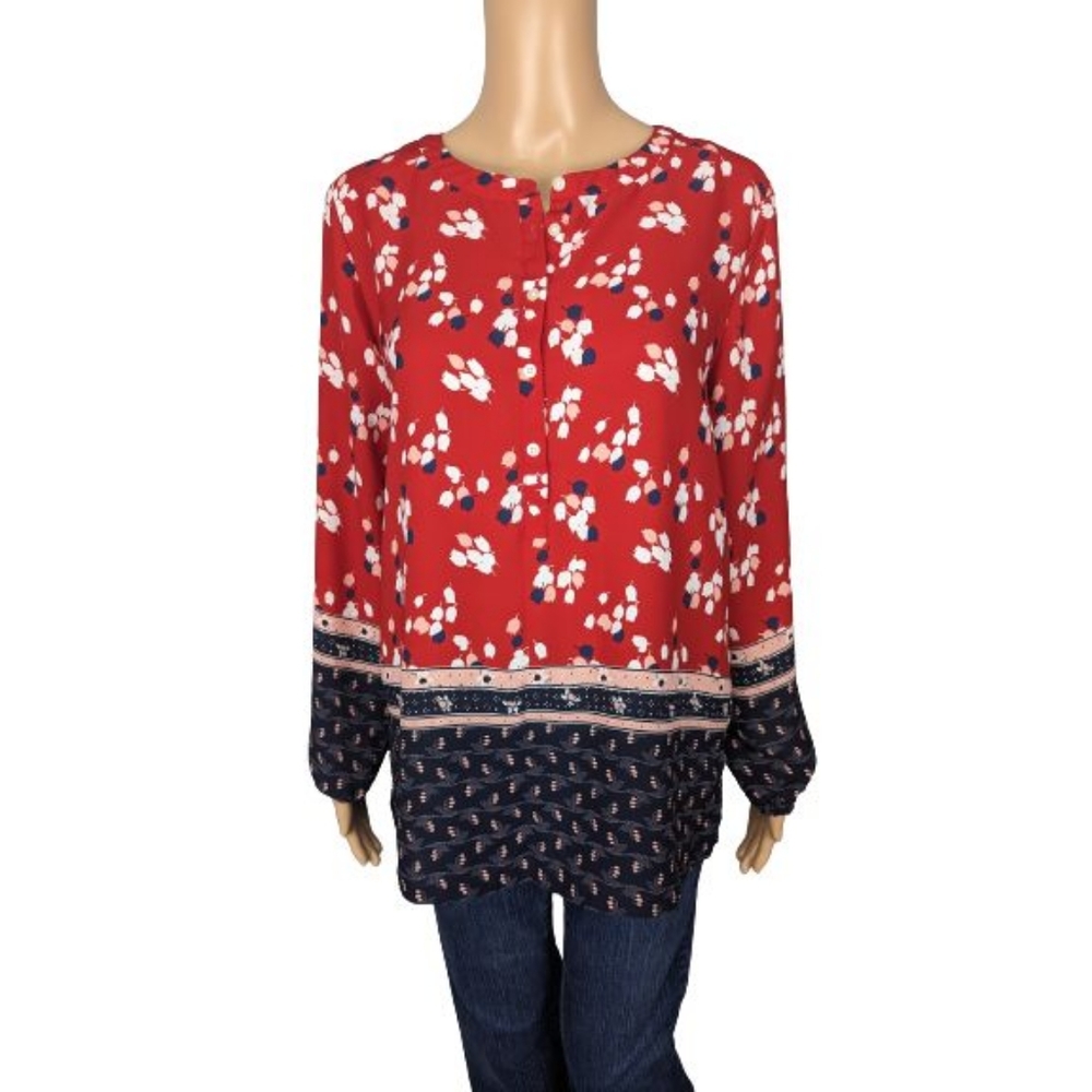 LOFT Red Tulip Print Long Sleeve Blouse S